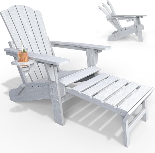 Adjustable Adirondack Chairs with Retractable Ottoman, HDEP Folding Adirondack Chair with Footrest & Cup Holder, All Weather Fire Pit Chair for Outdoor,White