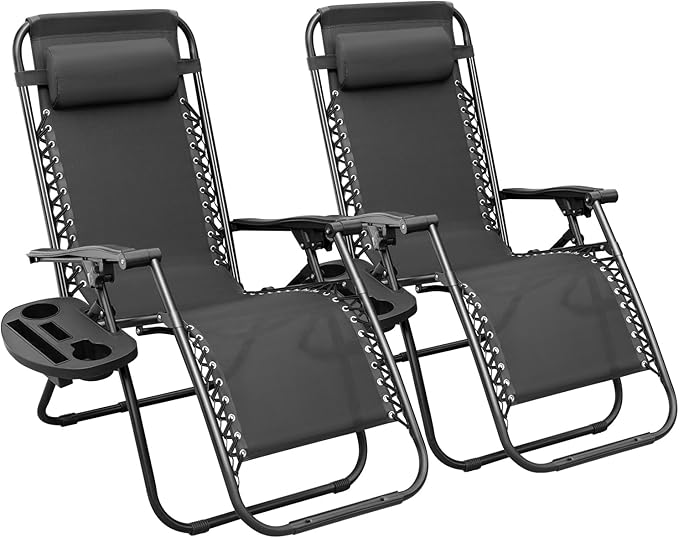 Greesum Zero Gravity Chairs Set of 2 Adjustable Steel Mesh Recliners Beach Deck Lawn Camping Patio Foldable Lounge Chair with Cup Holder Trays and Pillows,Black