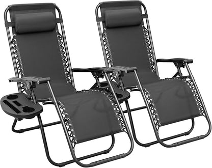 Greesum Zero Gravity Chairs Set of 2 Adjustable Steel Mesh Recliners Beach Deck Lawn Camping Patio Foldable Lounge Chair with Cup Holder Trays and Pillows,Black