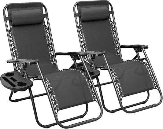 Greesum Zero Gravity Chairs Set of 2 Adjustable Steel Mesh Recliners Beach Deck Lawn Camping Patio Foldable Lounge Chair with Cup Holder Trays and Pillows,Black