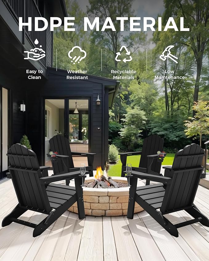 Adirondack Chairs Set of 4, Foldable Adirondack Chairs with 2 Cup Holder, Wood Texture HDPE Fire Pit Chairs - Photo 6