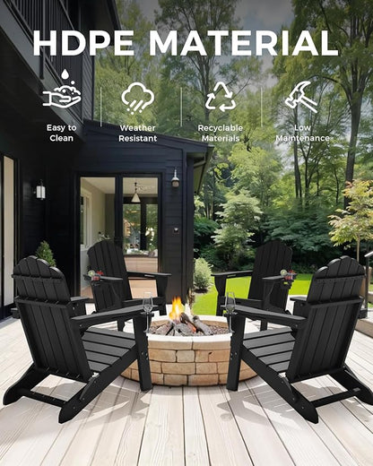 Adirondack Chairs Set of 2, HDPE Material Fire Pit Chairs, Plastic Adirondack Chairs with 2 Cup Holder, Outdoor Lawn Chair for Patio Garden, Black
