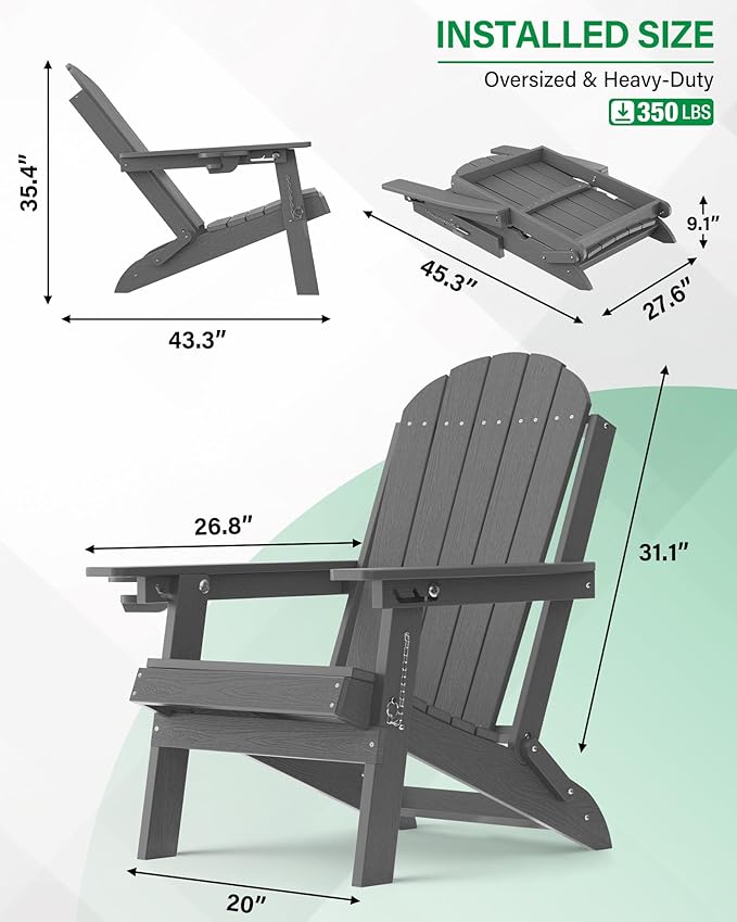 YEFU Folding Adirondack Chair for Outdoor: Plastic Foldable Fire Pit Chair with Cup Holders & Adjustable Backrest - Sturdy All-Weather HDPE for Outside Patio Poolside - Easy Assembly(Grey)