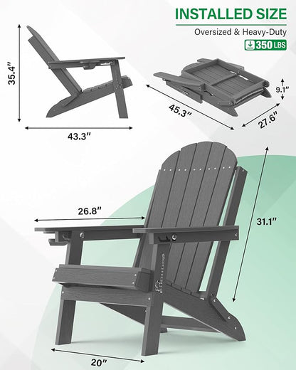 YEFU Folding Adirondack Chair for Outdoor: Plastic Foldable Fire Pit Chair with Cup Holders & Adjustable Backrest - Sturdy All-Weather HDPE for Outside Patio Poolside - Easy Assembly(Grey)