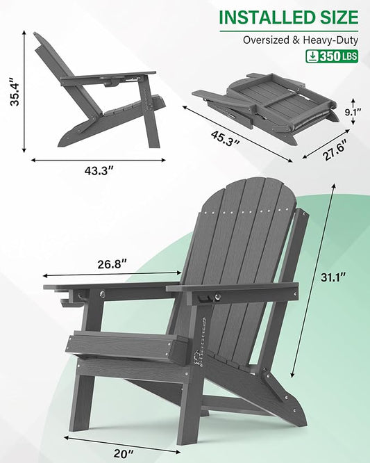YEFU Adirondack Chairs Set of 2 for Outdoor: Folding Plastic Fire Pit Chair with Cup Holders & Adjustable Backrest - Sturdy All-Weather HDPE for Patio Lawn - Easy Assembly(Grey)