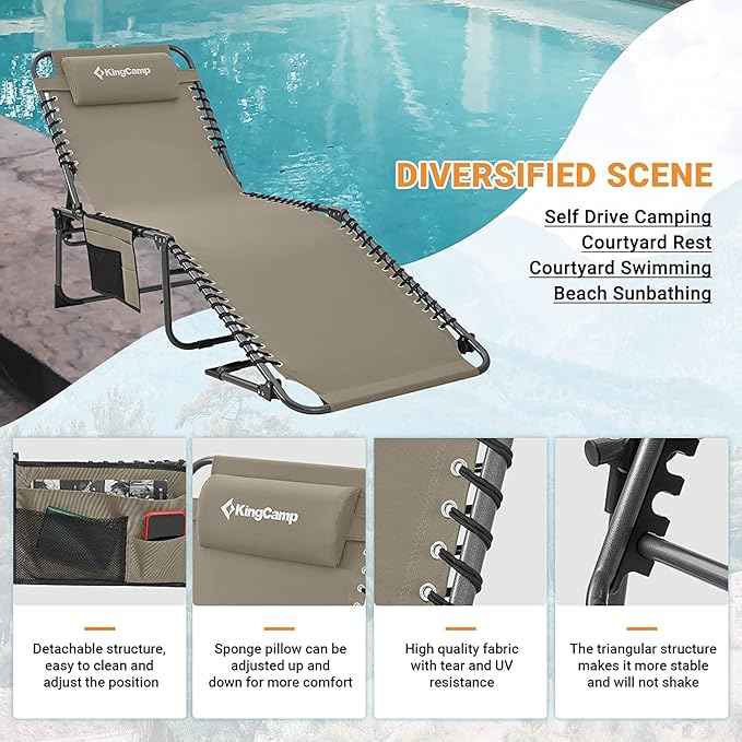 KingCamp Lounge Chair Outdoor, Folding Portable Tanning Chairs Comfy Adjustable 5-Position Lay Flat Foldable Chaise Chaser Lounger with Pillow for Outside Beach Patio Sun bathing Backyard Pool, Beige
