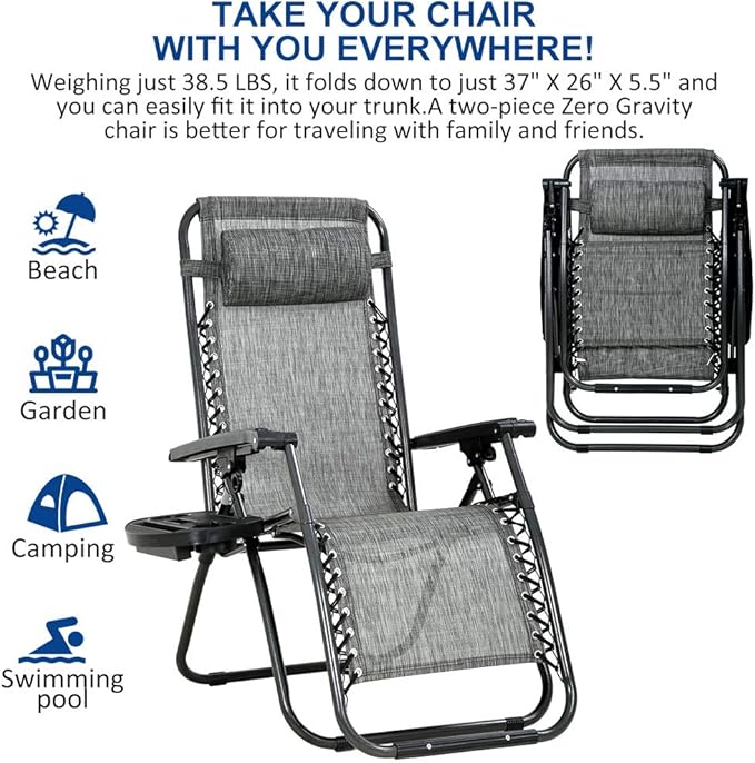 Dkeli Zero Gravity Chair Patio Chair Lounge Chair Chaise 2 Pack Outdoor Folding Adjustable Recliner Chair with Cup - Photo 4