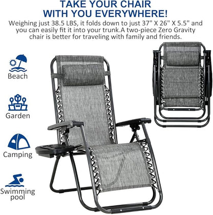 Dkeli Zero Gravity Chair Patio Chair Lounge Chair Chaise 2 Pack Outdoor Folding Adjustable Recliner Chair with Cup Holder Tray and Pillows for Patio, Pool, Beach, Lawn, Deck, Yard - Grey
