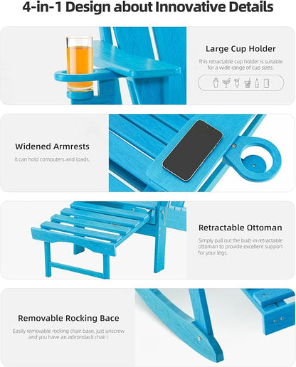 Folding Adirondack Rocking Chair Set of 4,4-in-1 Multifunctional Patio Chairs with Retractable Ottoman, Outdoor Chairs Wood Texture, Lawn Chair for Porch, Backyard, Pool(Pacific Blue)