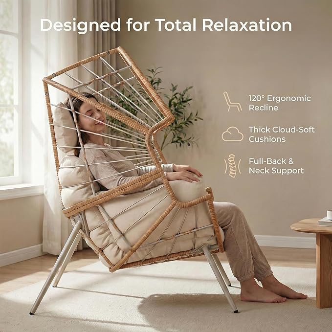 SWITTE Wicker Egg Chair Outdoor Indoor, Oversized Patio Egg Chair with Cushion - Photo 3