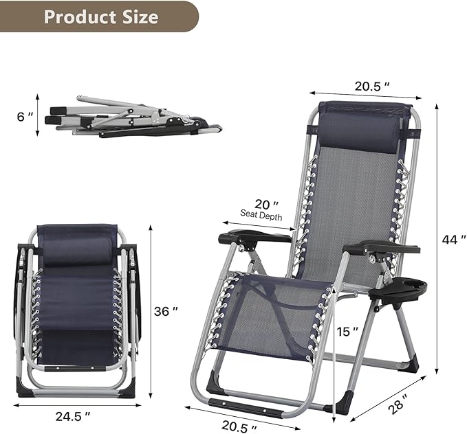 Zero Gravity Chair, Portable Folding Reclining Lounge Chairs with Adjustable Cushion and Cup Holder Trays for Outdoor - Photo 3