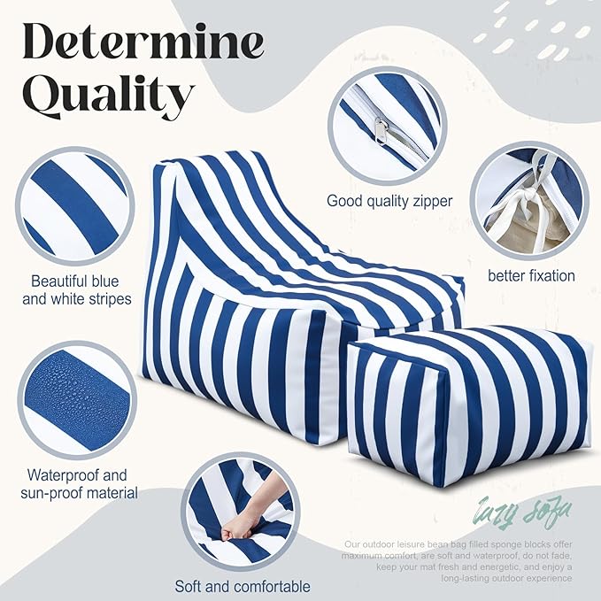 Outdoor Bean Bag Chair with Ottoman, Large Patio Lounge Chair for Adults, Thick Filled Lounger for Pool, Deck - Photo 3