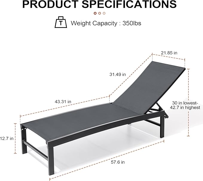 Crestlive Products Chaise Lounge Chair Outdoor, Adjustable 5 Positions Pool Tanning Recliner, Outdoor Lounge Furniture Perfect for Patio, Beach, Yard, Pool