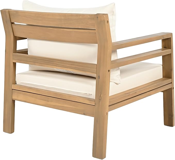 Christopher Knight Home Jamaia Outdoor Acacia Wood Club Chair Set of 2, Patio Armchair with Thick Beige Cushions, Deep Seating Furniture for Garden, Porch, Backyard, Balcony, Light Teak Finish, Beige