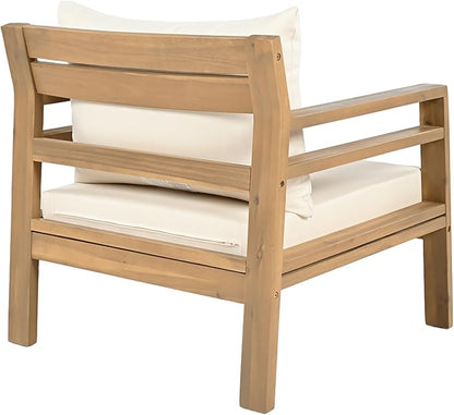 Christopher Knight Home Jamaia Outdoor Acacia Wood Club Chair Set of 2, Patio Armchair with Thick Beige Cushions, Deep Seating Furniture for Garden, Porch, Backyard, Balcony, Light Teak Finish, Beige