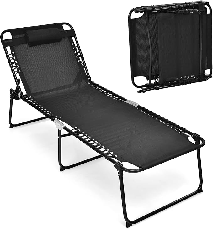Tangkula Widen Folding Chaise Lounge Chair, Portable Camping Recline Chair w/4 Backrest Positions, 2 Leg Positions, Pillow, Sunbathing Beach Chair for Outdoor, Lawn, Patio, Support 400lbs (1, Black)