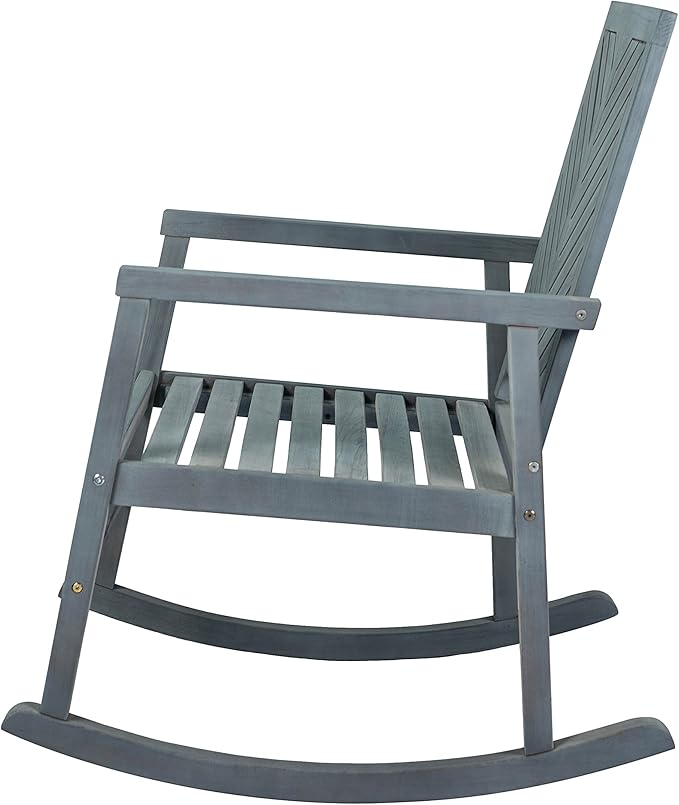 Eyely KCR100B Ted Modern Chevron-Back 300-Lbs Support Acacia Wood Patio Outdoor Rocking Chair for Garden, Lawn, Backyard, Pool, Deck, Beach, Firepit, Gray