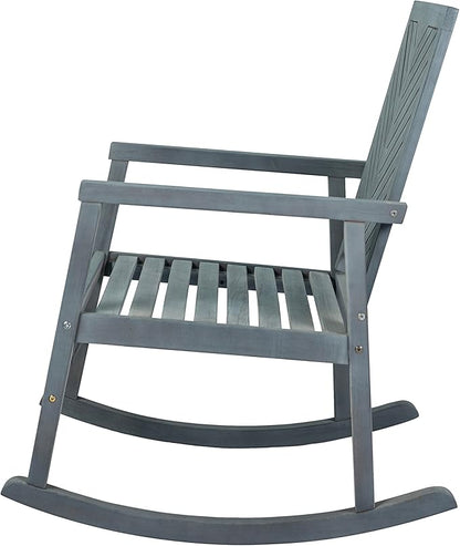 Eyely KCR100B Ted Modern Chevron-Back 300-Lbs Support Acacia Wood Patio Outdoor Rocking Chair for Garden, Lawn, Backyard, Pool, Deck, Beach, Firepit, Gray