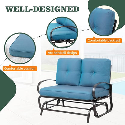 Shintenchi Metal Outdoor Patio Swing Glider Bench, Loveseat Rocking Chair, Wrought Iron Patio Furniture Steel Frame Glider Chair with Cushion for Porch, Balcony, Garden(Ocean Blue)
