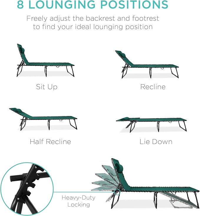 Best Choice Products Patio Chaise Lounge Chair, Portable Outdoor Folding Recliner for Lawn, w/ 8 Positions, Handles - Photo 4