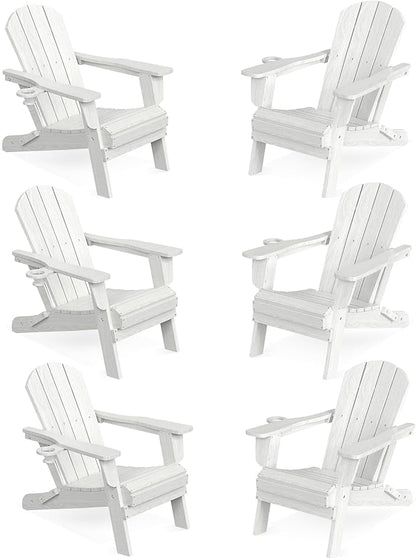LOUNZY Folding Adirondack Chair Set of 6, HDPE All-Weather Folding Adirondack Chair with Cup Holders, Outdoor Patio Adirondack Chair for Deck Lawn Fire Pit, White