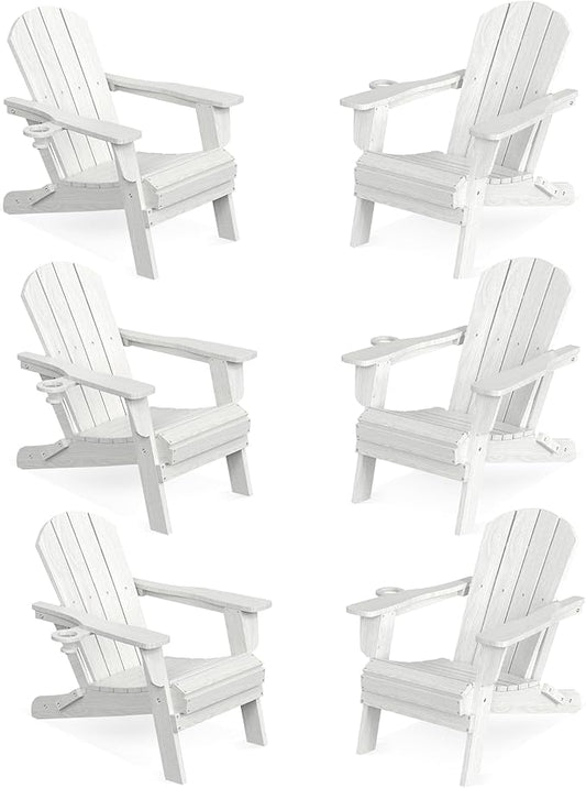 LOUNZY Folding Adirondack Chair Set of 6, HDPE All-Weather Folding Adirondack Chair with Cup Holders, Outdoor Patio Adirondack Chair for Deck Lawn Fire Pit, White