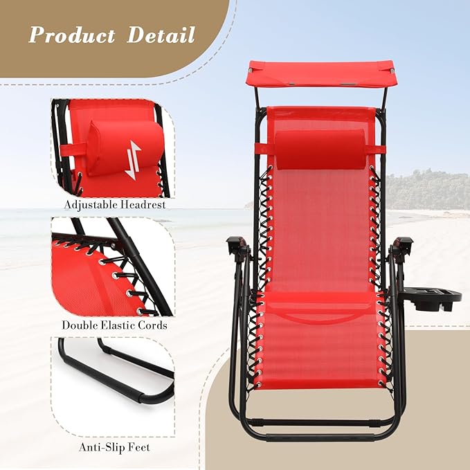 Athena Collection Zero Gravity Outdoor Lounge Chair Set of 2 with Canopy Shade - Photo 9