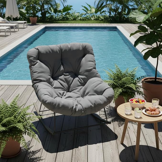 Outdoor Patio Rocking Chair, Oversized Papasan Chair with Cushion and Frame, Comfy Modern Rocker Egg Chair for Living Room, Garden Backyard,Grey2pc