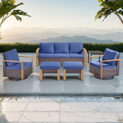 Rilyson Outdoor Wicker Patio Furniture Set - 6 Piece Patio Conversation Set with 2 Wicker Swivel Rocker Chairs,2 Rattan Ottoman,1 Side Table and 1 Couch,Thick Cushions,Deep Seating(Brown/Blue)