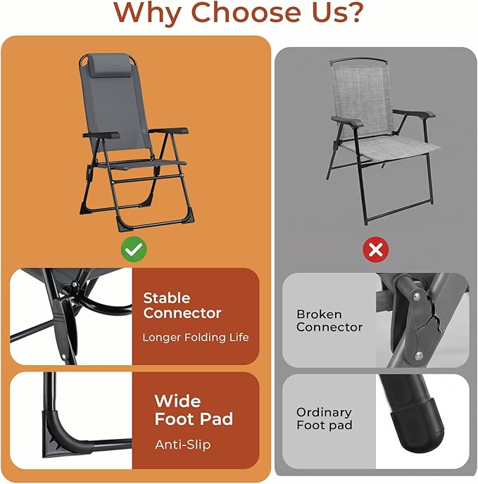 TLSUNNY Folding Patio Chairs Set of 4, Outdoor Lawn Chair w/ 5 Level Adjustable Teslin Back, Removable Headrest - Photo 4