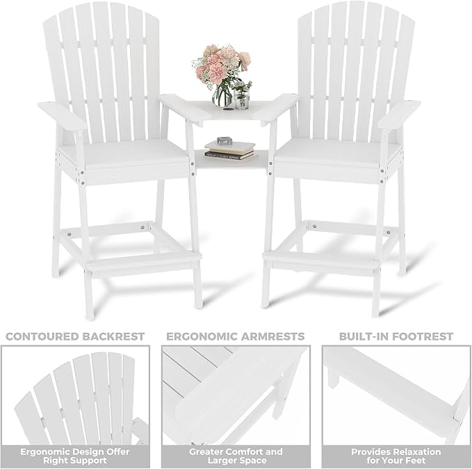 Outdoor Adirondack Barstools with Connecting Tray, Tall Adirondack Chairs Bar Chairs for Deck, Balcony, Backyard, Patio Bar Stool Chair with High Back, Bar Height Adirondack Chairs Set of 4