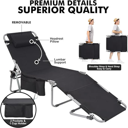 Tanning Chair with Sun Canopy Face Hole Softer Padded Adjustable Washable, Heavy Duty Layout Folding Lounge Chair for Adults Outside Beach Reading Sunbathing Poolside Lawn, UPF 50+ Sun Shade, 300 LBS
