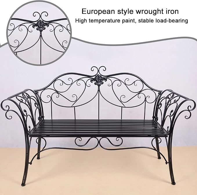 Elegant Black Metal Garden Bench with Exquisite Carvings - Stylish Outdoor Seating for Patio, Park, Lawn, and Yard - Perfect for Relaxation and Decor