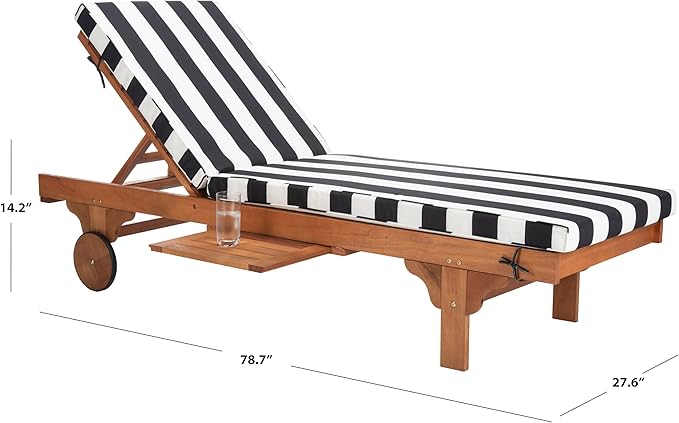 SAFAVIEH Outdoor Collection Newport Natural/ Black & White Stripe Cushion Built-in Side Table Adjustable Chaise Lounge Chair