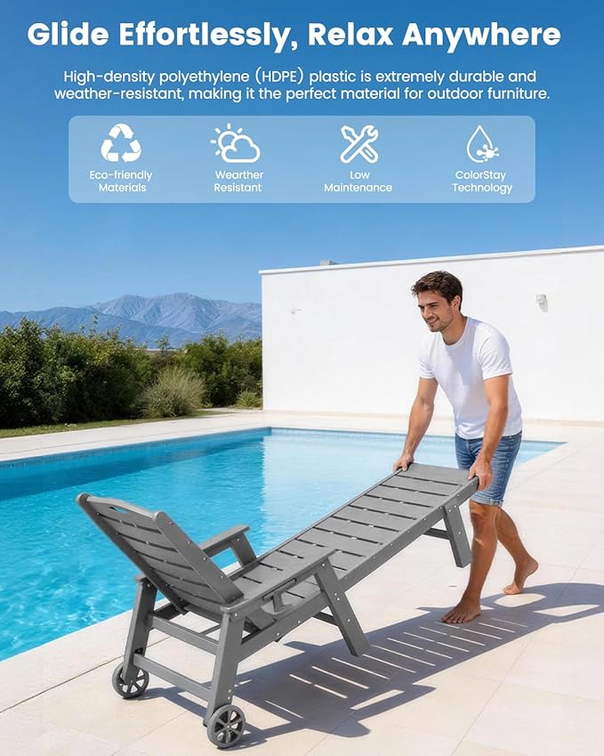 FOOWIN Chaise Lounge Chair，HDPE Lounge Chair Outdoor with 5 Positions,Oversized Pool Lounge Chairs with Rolling Wheels & Cup Holder for Poolside Deck Backyard,Grey