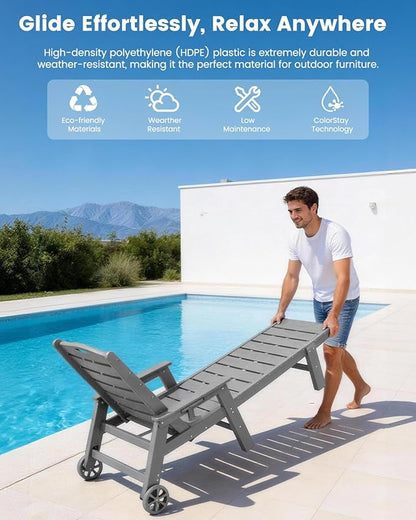 FOOWIN Chaise Lounge Chair，HDPE Lounge Chair Outdoor with 5 Positions,Oversized Pool Lounge Chairs with Rolling Wheels & Cup Holder for Poolside Deck Backyard,Grey