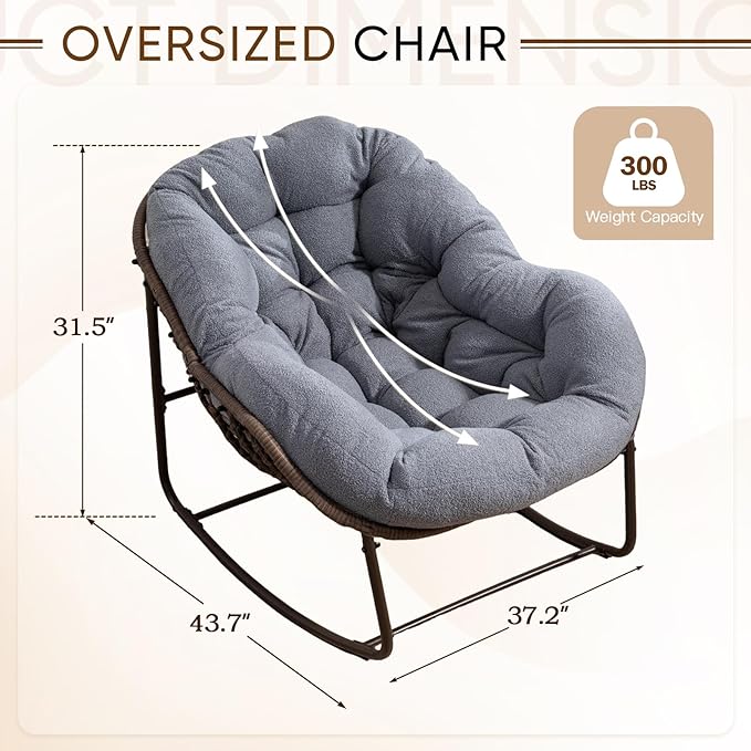 Large Indoor Rocking Chair Set of 2, Oversized Rocking Papasan Chair with Thick Cushion and Frame,Comfy Teddy Rocker Wicker Egg Chairs Lounge Reading Chair for Living Room, Bedroom, Dark Grey