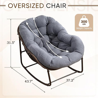 Large Indoor Rocking Chair, Oversized Rocking Papasan Chair with Thick Cushion and Frame,Comfy Teddy Rocker Wicker Egg Chairs Lounge Reading Chair for Living Room, Bedroom, Apartment, Dark Grey
