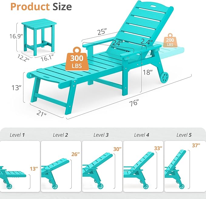 LUE BONA Chaise Lounge Chair with Table, 6-Piece, HDPS Chaise Lounger, 5 Positions Adjustable Lounge Chairs - Photo 2