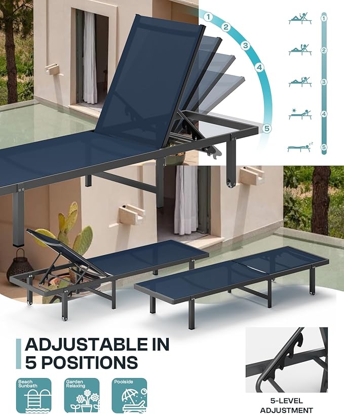 Lounge Chair Outdoor with Wheels, Aluminum Patio Chaise Lounge Chair with 5 Adjustable Backrest - Easy to Move- Pool Lounge Chairs for Deck, Beach, Poolside (NavyBlue)