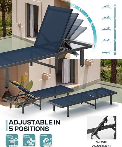 Lounge Chair Outdoor with Wheels, Aluminum Patio Chaise Lounge Chair with 5 Adjustable Backrest - Easy to Move- Pool Lounge Chairs for Deck, Beach, Poolside (NavyBlue)