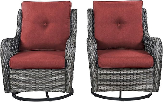 Rilyson Wicker Rocking Chair Swivel Chairs - 2 Piece Rocker Patio Chairs Set Rattan Rocking Chair for Outdoor Porch Deck Garden Backyard (Mixed Grey/Red)