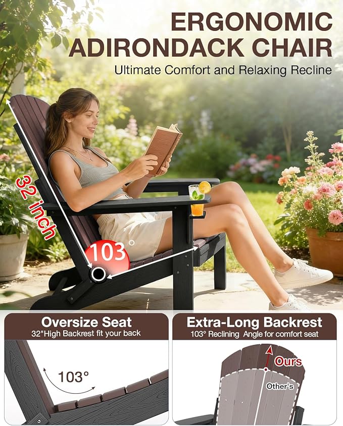 Folding Adirondack Chair –Recyclable HDPE Outdoor Adirondack Patio Chair with Cup Holder, Wood Texture & Umbrella Hole - Photo 5