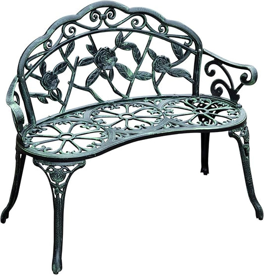 Green Metal Garden Bench, Outdoor Seating for Two, Patio Bench with Floral Accents, 46 Inch Wide
