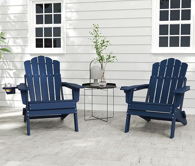 FOOWIN Adirondack Chair Set of 8, Folding HDPE Patio Chairs with Cup Holder, 400LBS Heavy Duty Commercial Fire Pit Seating for Resort, Hotel, Event, Large Deck,Navy Blue