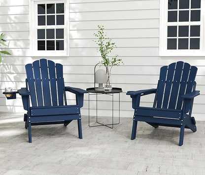 FOOWIN Adirondack Chair Set of 2, Folding HDPE Patio Chairs with Cup Holder, 400LBS Heavy Duty Outdoor Chairs for Fire Pit, Porch, Deck, Garden, Weather Resistant, Navy Blue