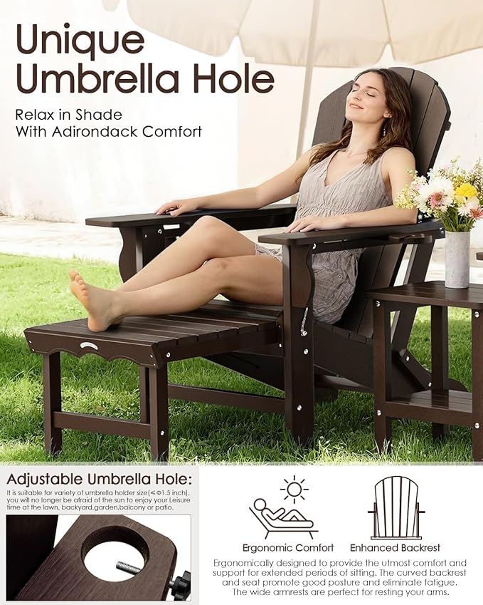 Folding Adirondack Chair with Ottoman, Recyclable HDPE Adirondack Patio Chair with 2 Cup Holder, Outdoor Fire Pit Chairs with Pull Out Footrest, Weather Resistant for Garden, Deck, Poolside, Brown