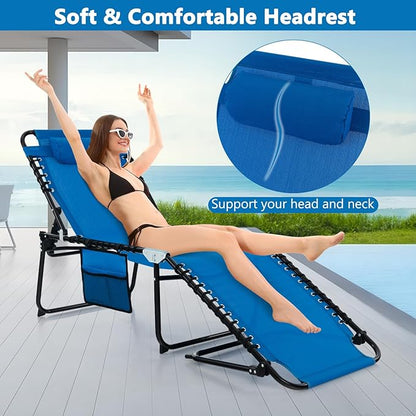Giantex Patio Lounge Chairs for Outside - Set of 2 Folding Tanning Chair w/Headrest, 4 Adjustable Positions, Side Pocket, Outdoor Chaise Lounge for Camping, Pool, Sunbathing Beach Chair, Navy