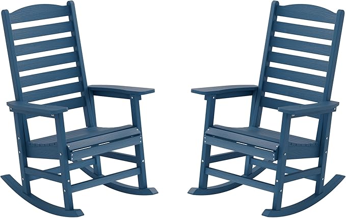 YEFU Outdoor Rocking Chair Set of 2,Poly Porch Rocker with Curved Backrest,All Weather Patio Rocking Chair,Like Real Wood,for Indoor,Lawn, Backyard,Garden,Heavy Duty,Weight Capacity 380lbs(Navy Blue)