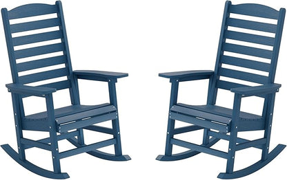 YEFU Outdoor Rocking Chair Set of 2,Poly Porch Rocker with Curved Backrest,All Weather Patio Rocking Chair,Like Real Wood,for Indoor,Lawn, Backyard,Garden,Heavy Duty,Weight Capacity 380lbs(Navy Blue)